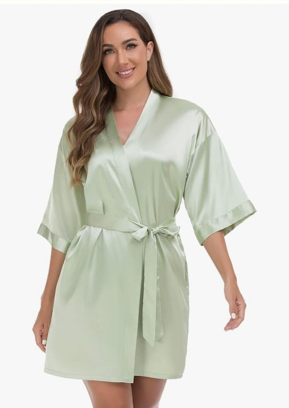 VOGUEMAX Womens L Green Short Kimono Robe Silky Satin Bathrobe Bride Bridesmaids